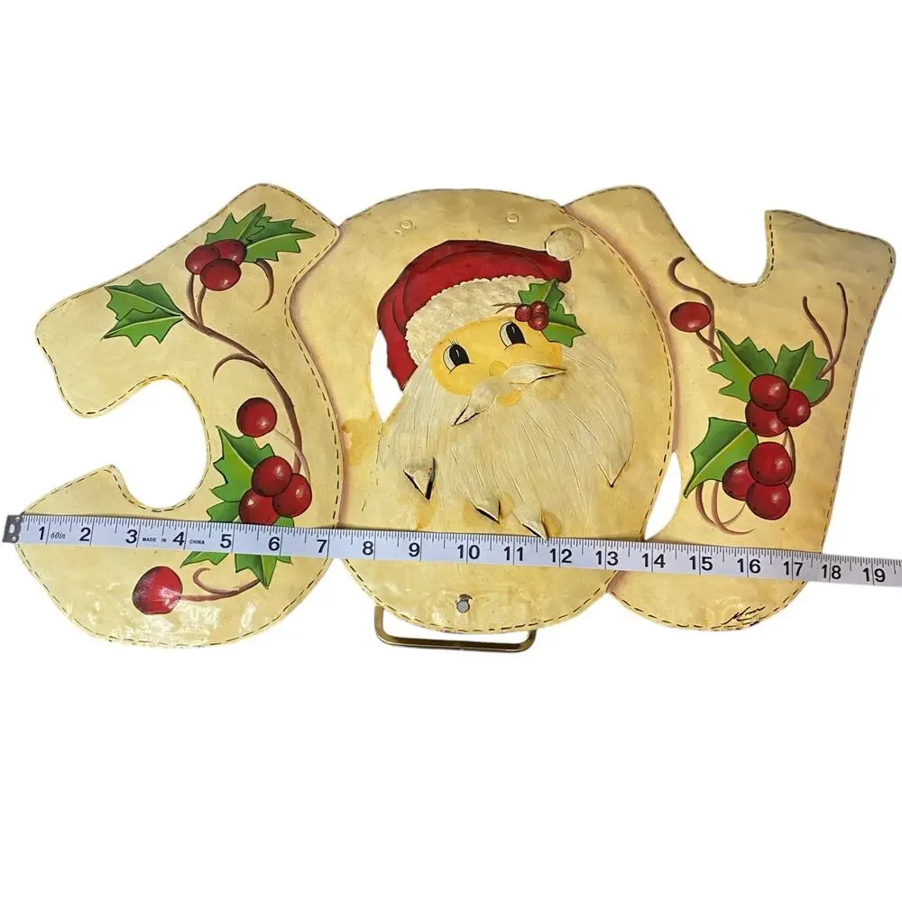 Vintage Christmas Cutout Metal Wall Art Decoration Joy Sign with Santa Face
